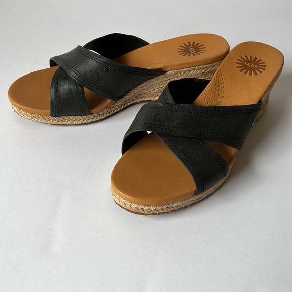 Ugg Sandal Black Leather Wedge New 6 - Picture 10 of 12